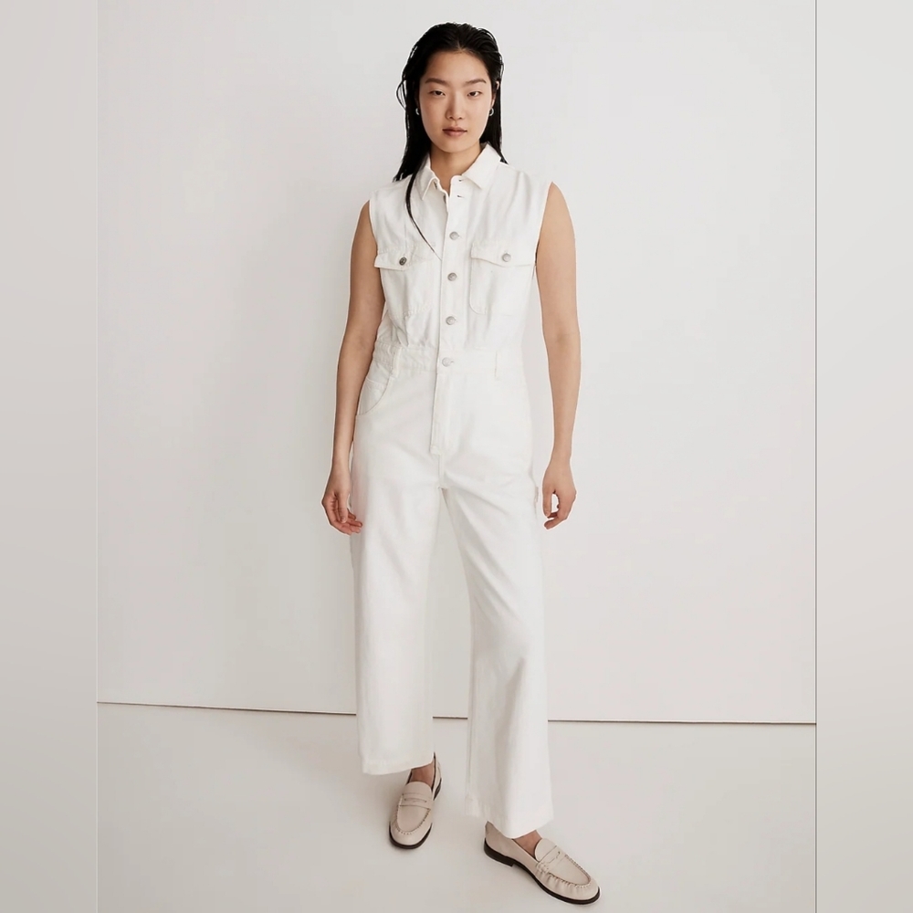 Madewell Denim Sleeveless Carpenter Jumpsuit in Tile While Size XS